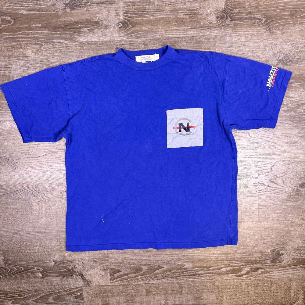 VTG Nautica Competition T Shirt Mens‎ Large Blue Pocket Tee 90s Made In USA